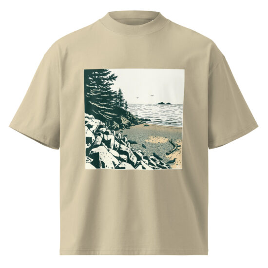 Pebbled Beach scene organic oversized high neck t-shirt